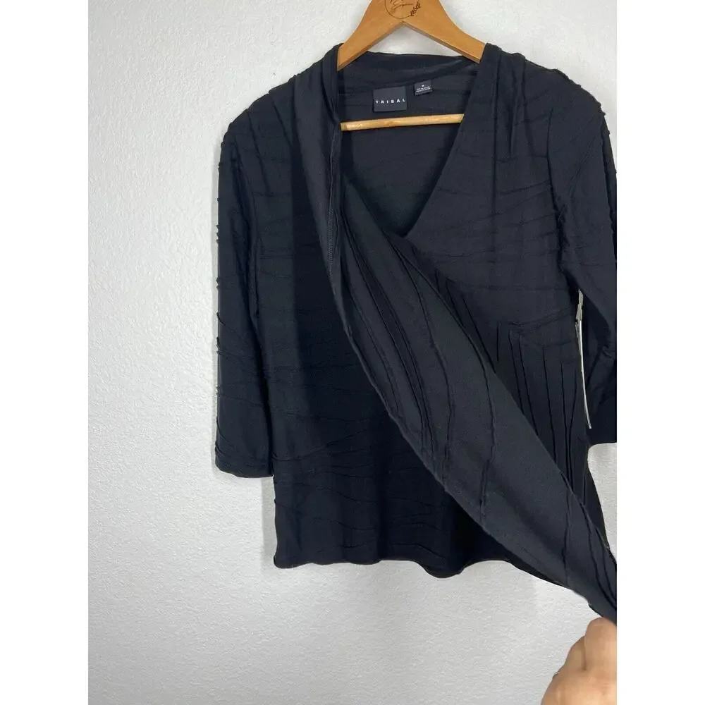 TRIBAL Womens Textured Wrap Front Top Medium Black Jersey Knit